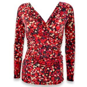 Vince Camuto Red Purple Polka Dot Fitted Stretch Faux Wrap V-Neck Blouse Top XS